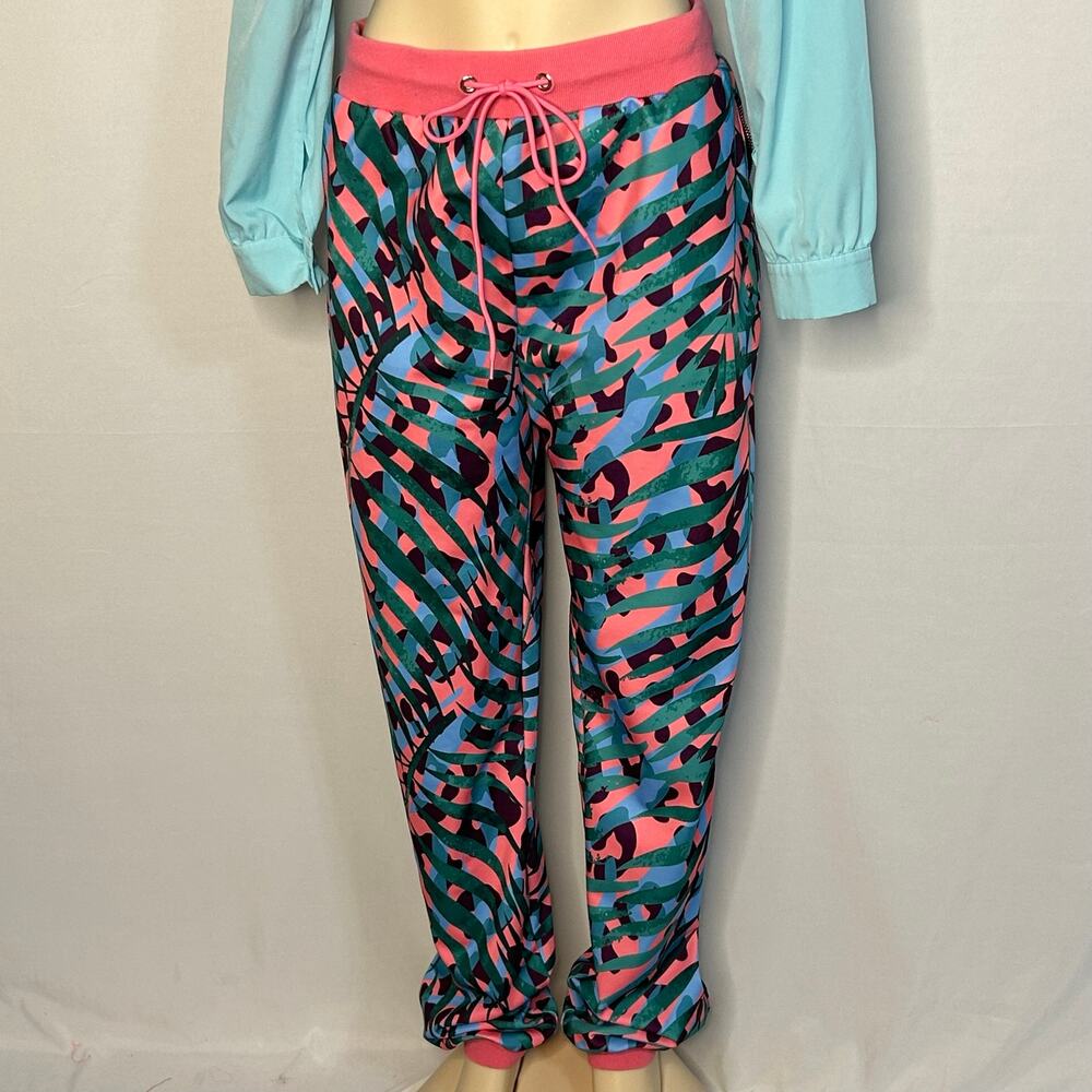 Y2K Neon Tropical Jogger Pants Pink Blue Palm Leaf Lounge Pants 1X dopamine